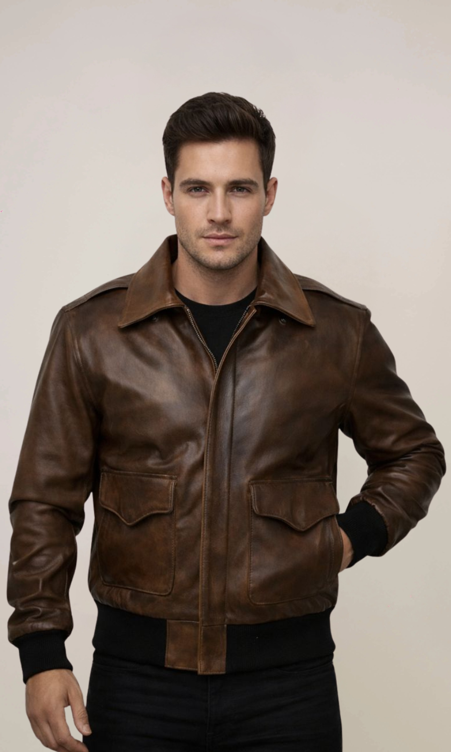 Aviator Brown Bomber Navy Distressed Leather Jacket
