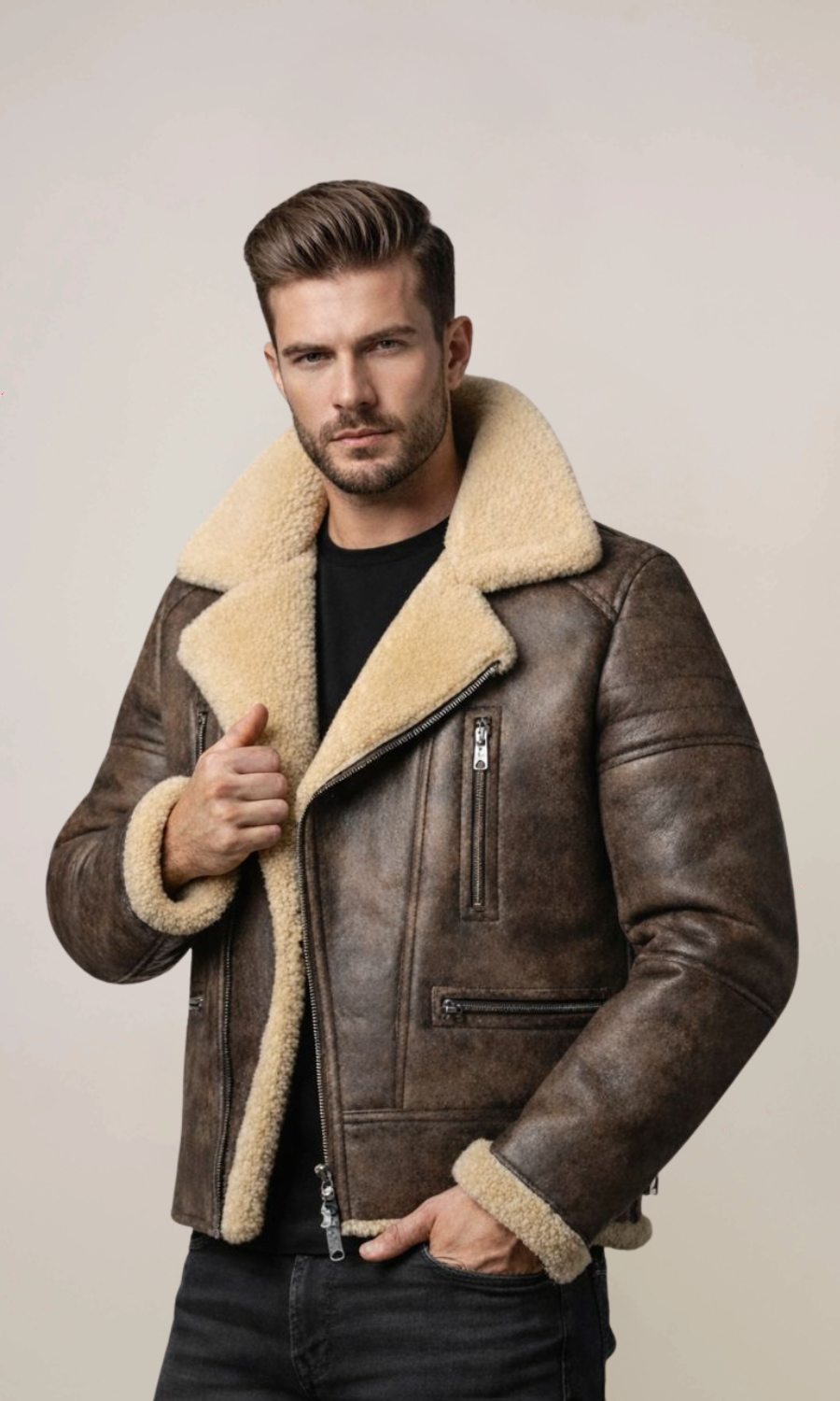 Men's Brown Winter Fur Shearling Leather Coat