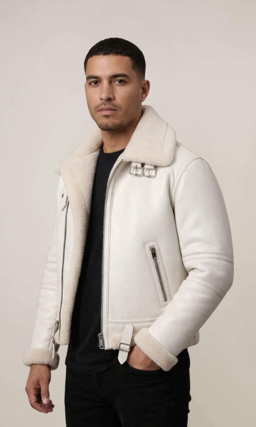 Men’s White B3 Bomber Sheepskin Fur Aviator Leather Jacket