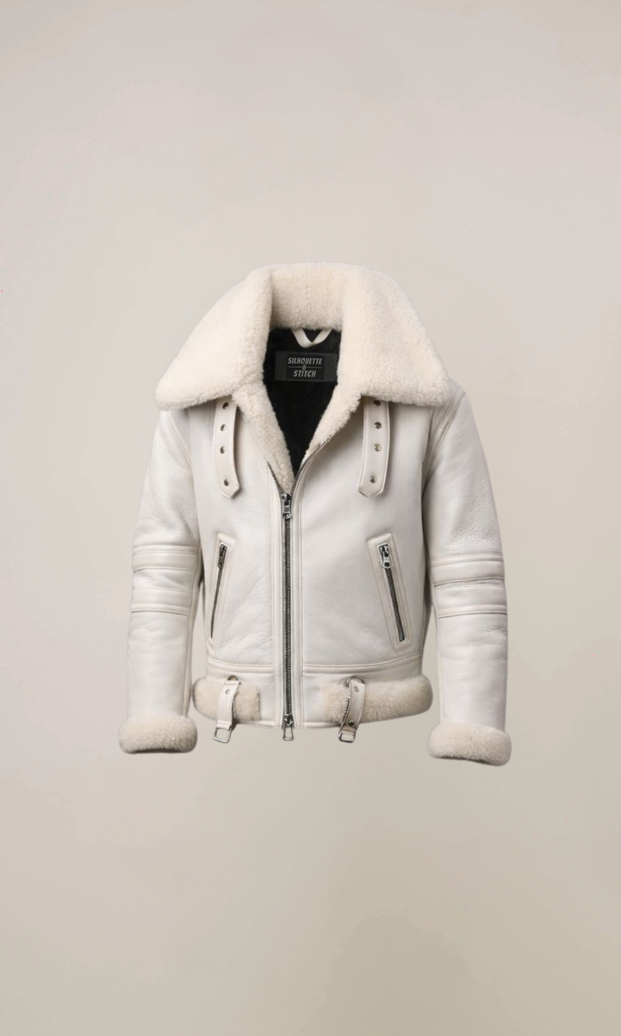 Men’s White B3 Bomber Sheepskin Fur Aviator Leather Jacket