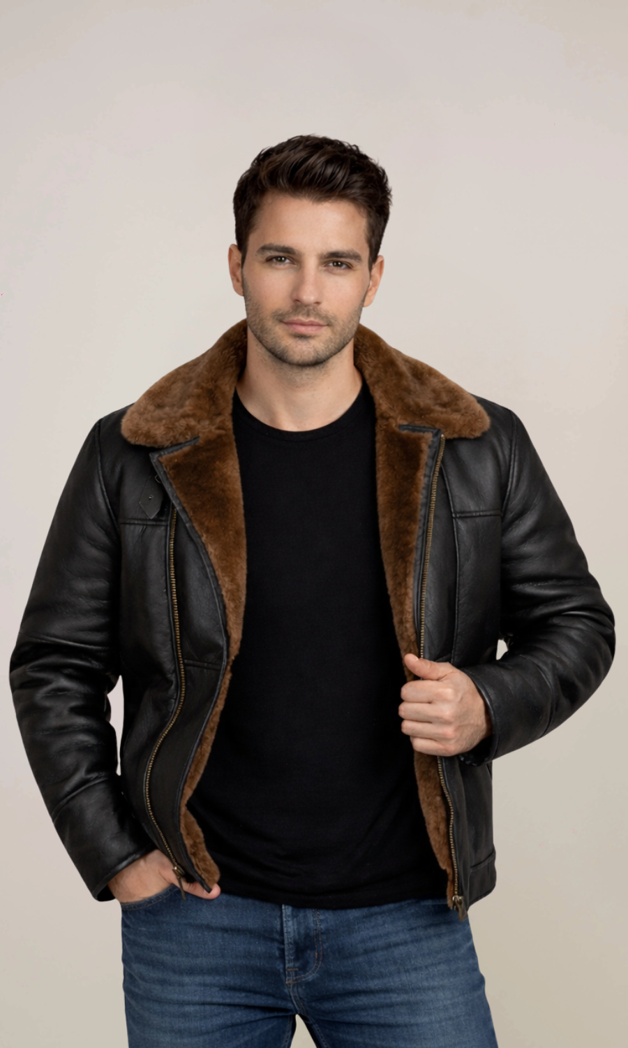Men’s Black Aviator Bomber Fur Shearling Sheepskin Leather Jacket