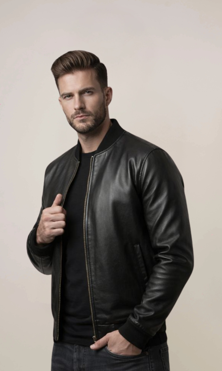 Men’s Black Zipper Bomber Leather Jacket