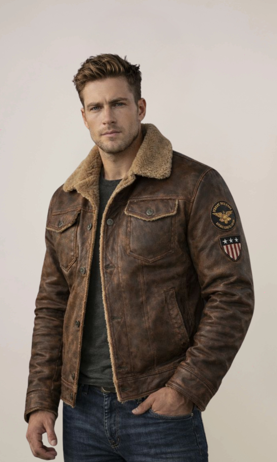 Men’s Brown Fur Collar Vintage Leather Jacket