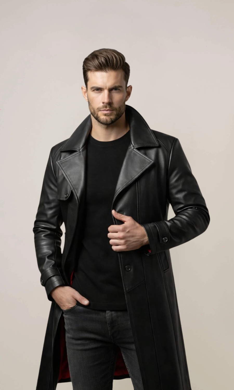 Men's Genuine Goatskin Black Leather Trench Coat