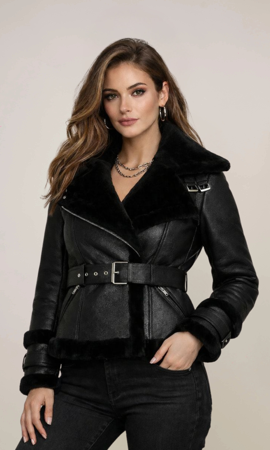 Women’s Black Belted Shearling Aviator Leather Jacket