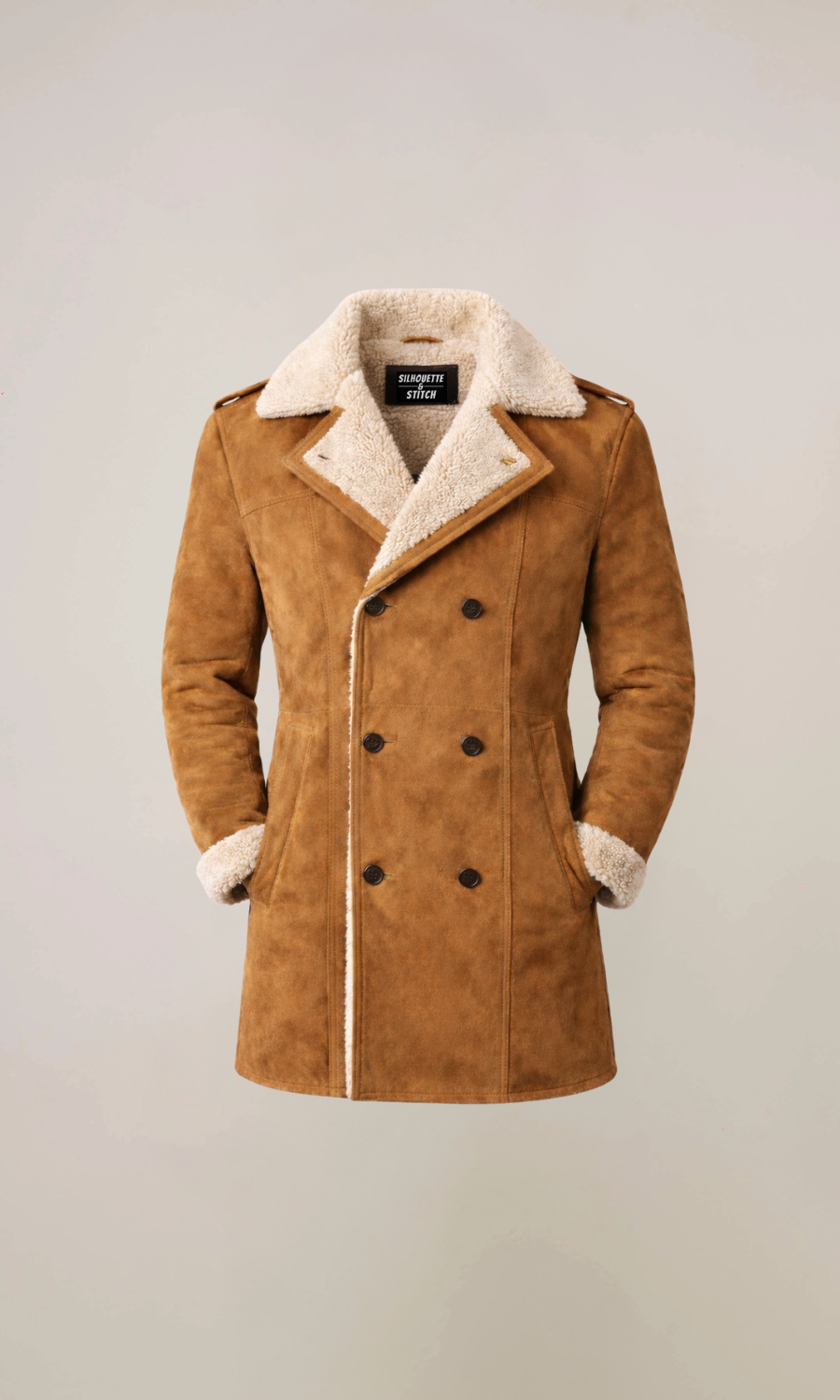 Men's Brown Shearling Sheepskin Leather Pea Coat