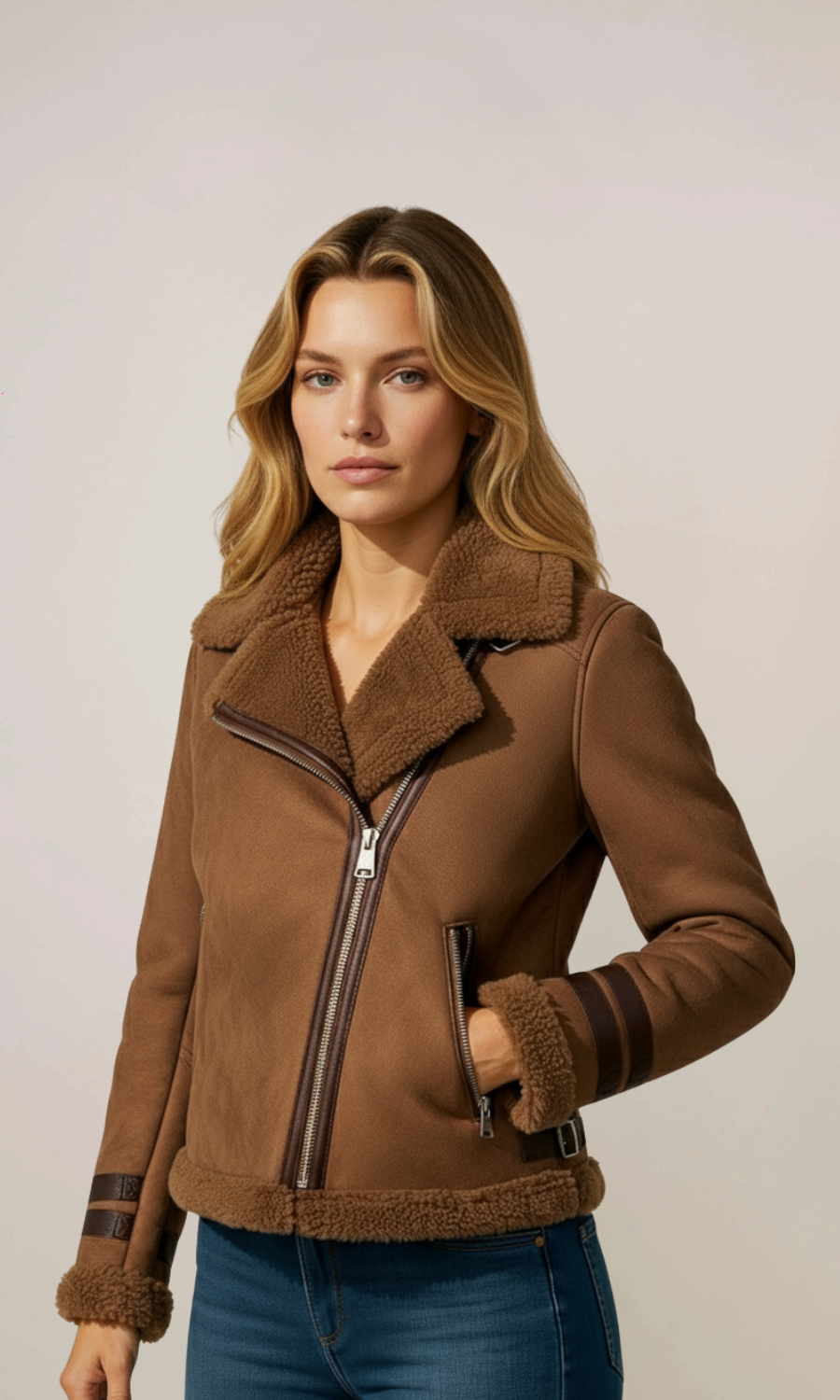 Women's Brown Shearling Biker Suede Aviator Leather Jacket