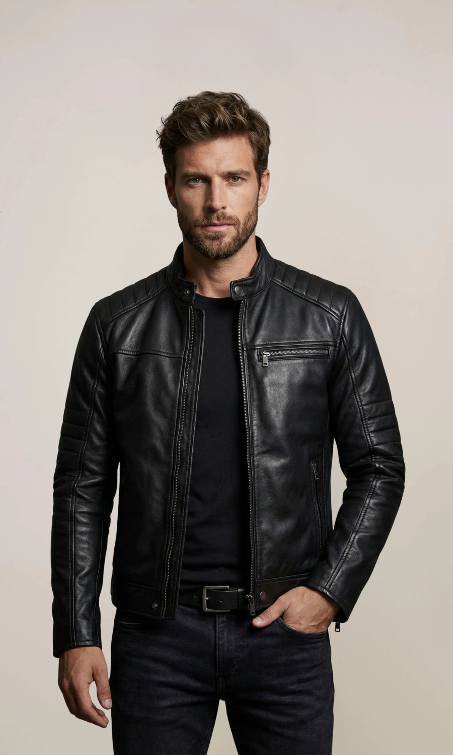 Men’s Cafe Racer Sheepskin Leather Jacket