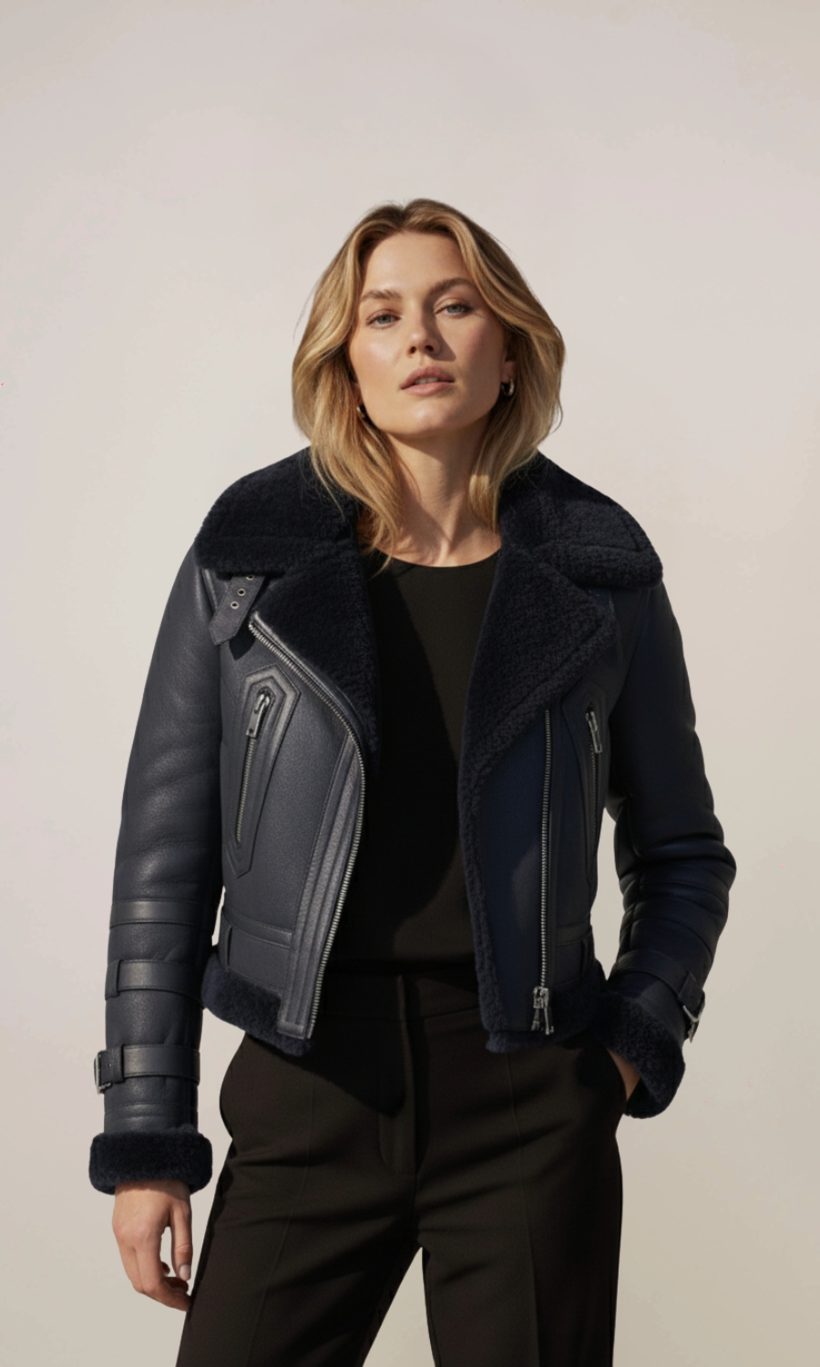 Women's Black Sheepskin Leather Bomber Fur Jacket