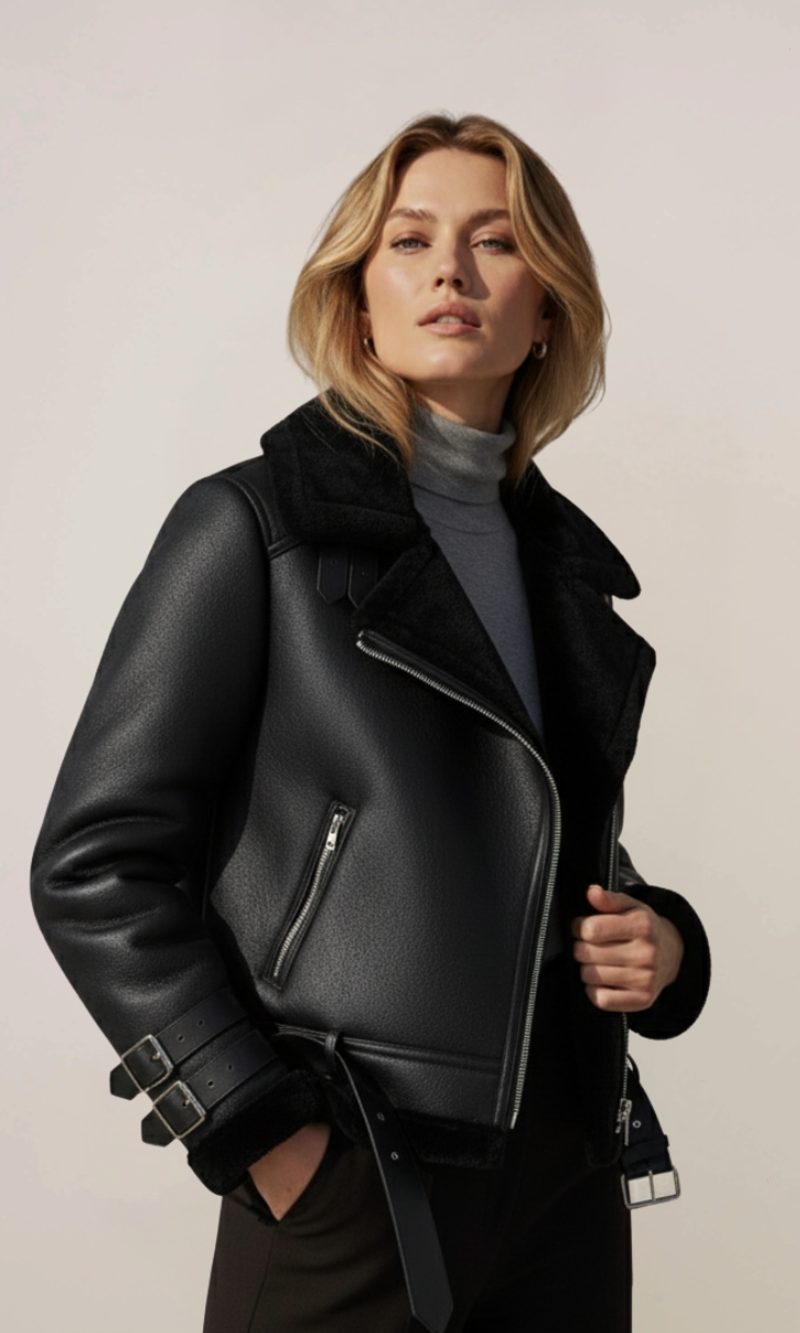 Women’s Black Fur Aviator Leather Jacket