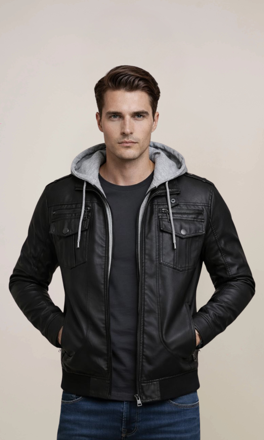 Men’s Black Biker Hood Leather Jacket