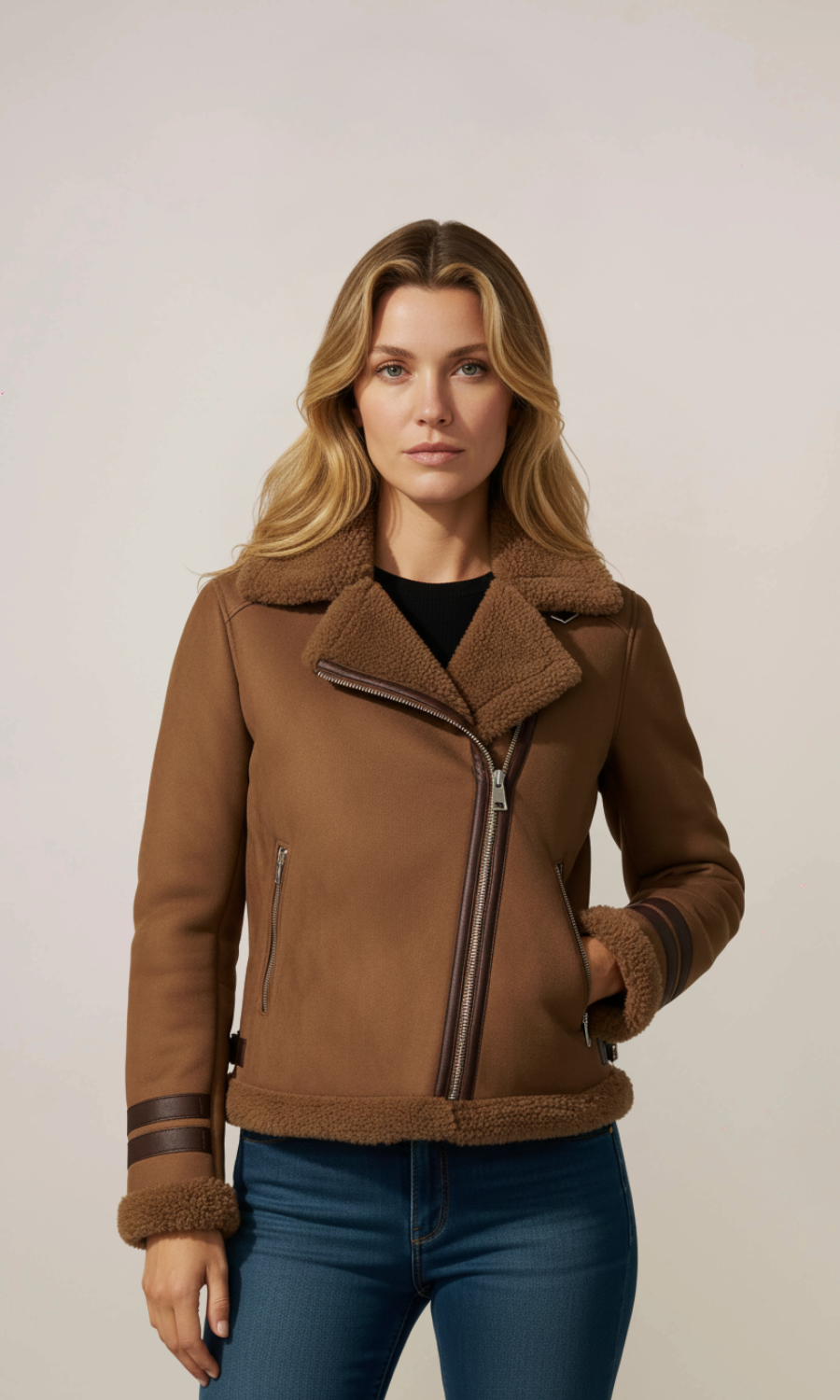 Women's Brown Shearling Biker Suede Aviator Leather Jacket