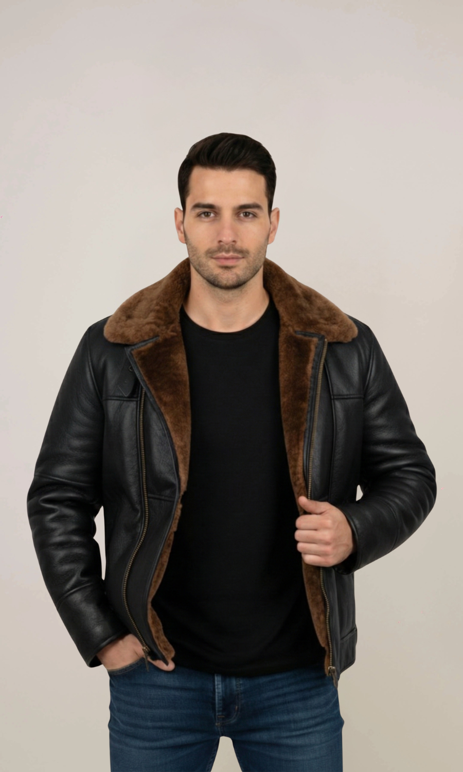 Men’s Black Aviator Bomber Fur Shearling Sheepskin Leather Jacket