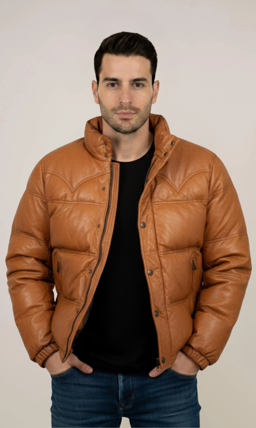 Men’s Leather Puffer Bomber Jacket