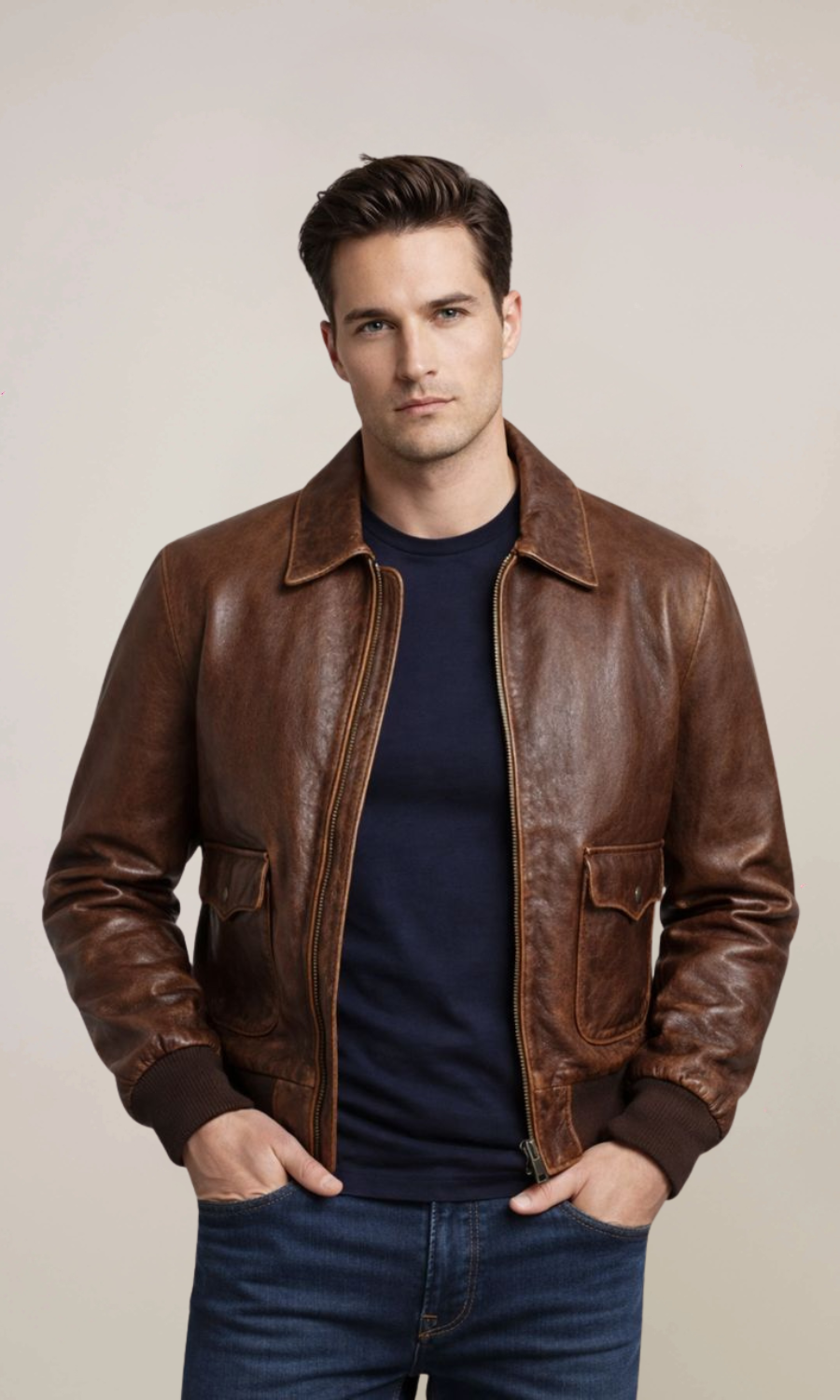 Aviator A2 Distressed Brown Cowhide Leather Bomber Jacket