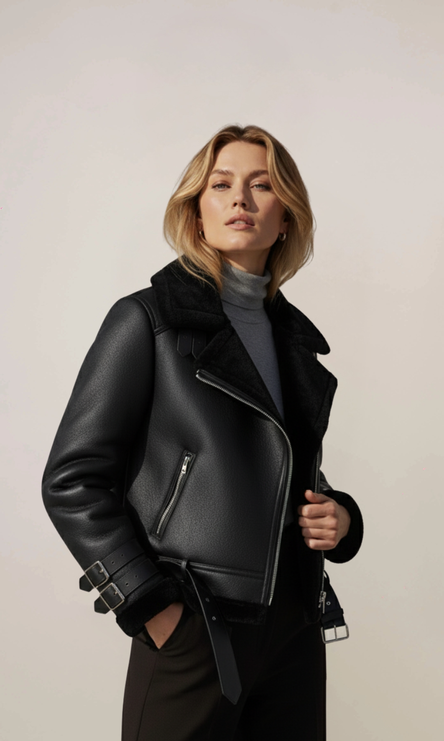 Women’s Black Fur Aviator Leather Jacket