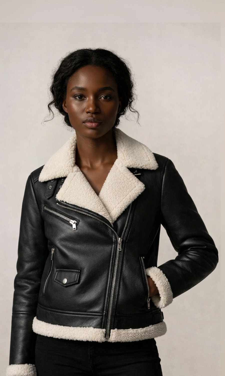 Women’s Black Biker Shearling Aviator Leather Jacket