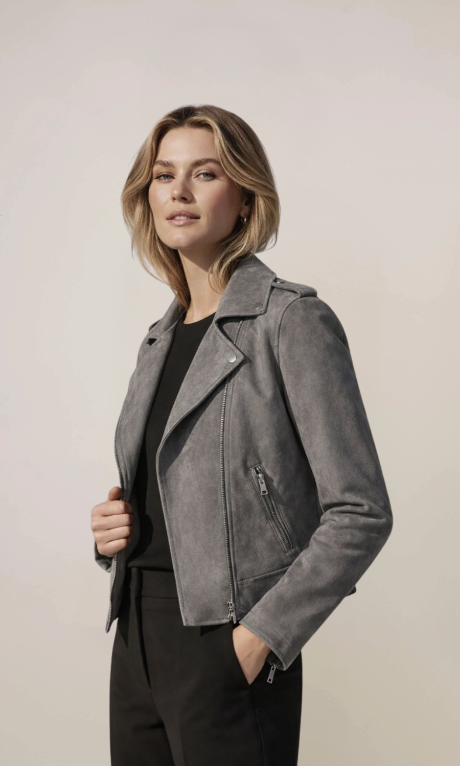 Women’s Grey Zip Suede Biker Leather Jacket