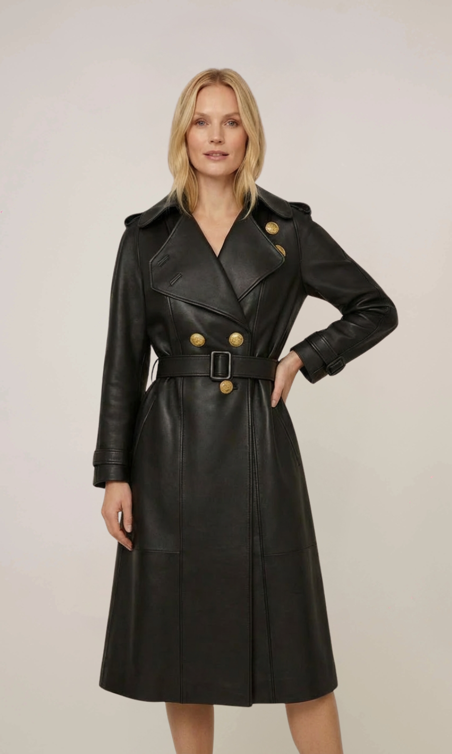 Women’s Black Double Breasted Leather Coat