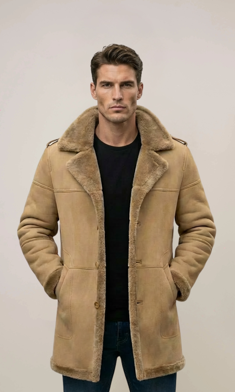 Men’s Brown Long Fur Shearling Sheepskin Leather Coat