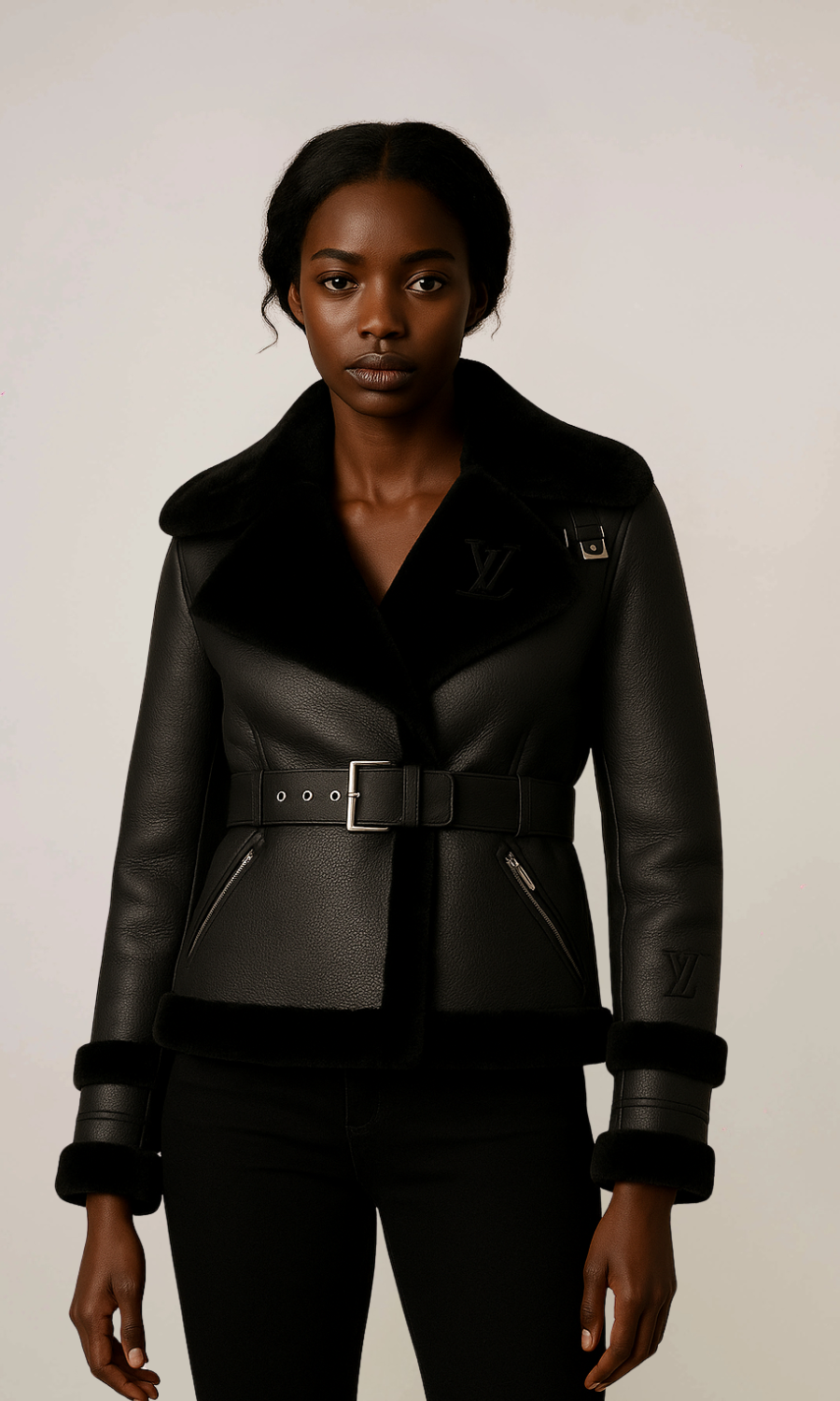 Women’s Black Belted Shearling Aviator Leather Jacket