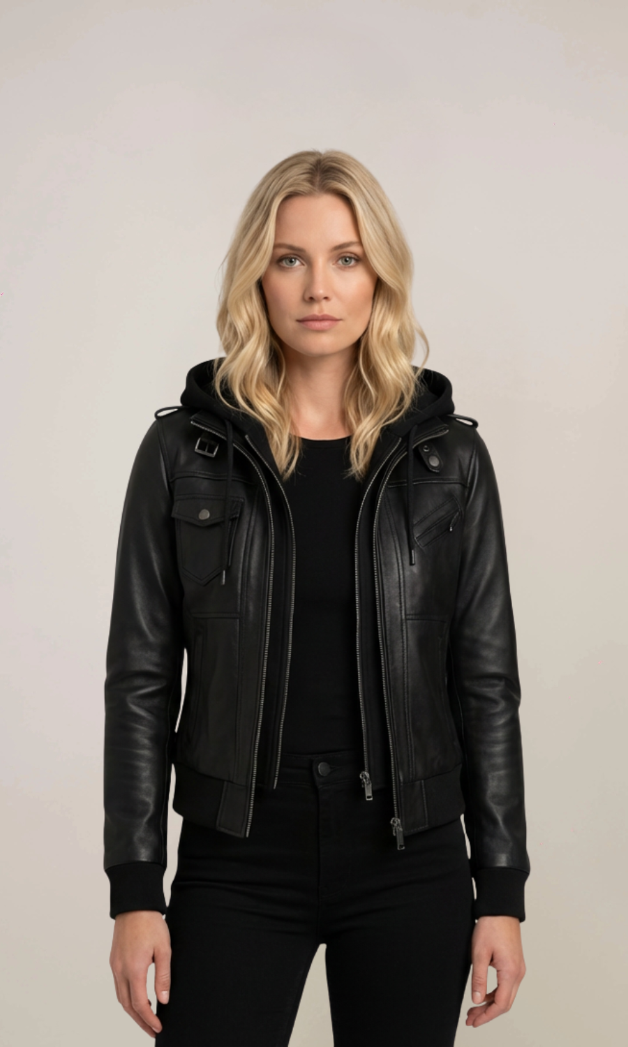 Women’s Black Hooded Leather Bomber Jacket