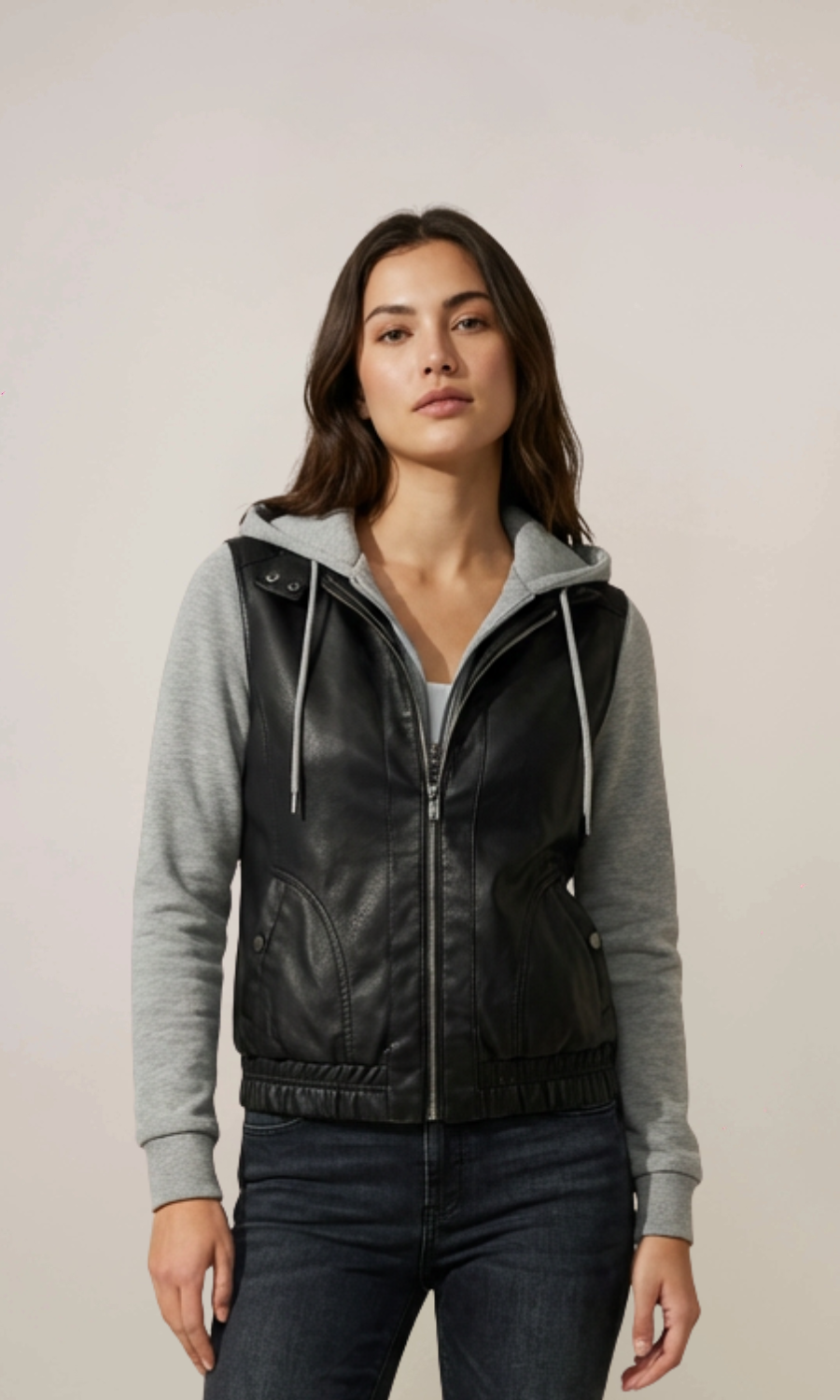 Women's Black & Grey Hooded leather Jacket