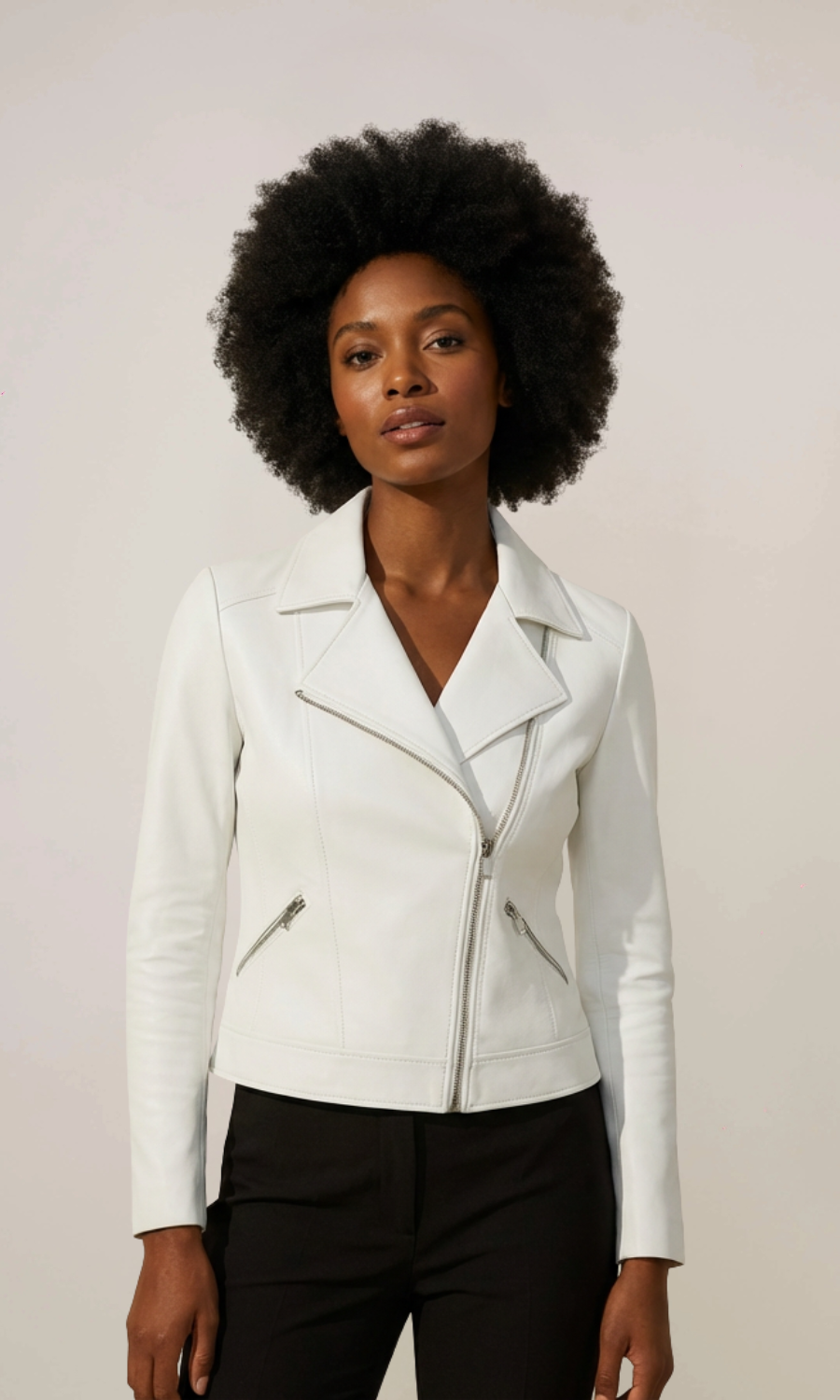 Women's White Lambskin Leather Motorcycle Jacket