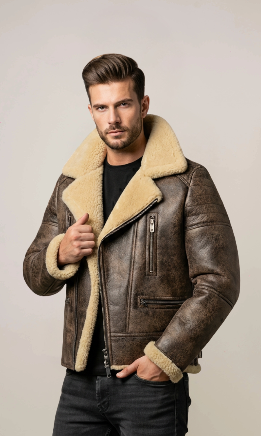 Men's Brown Winter Fur Shearling Leather Coat
