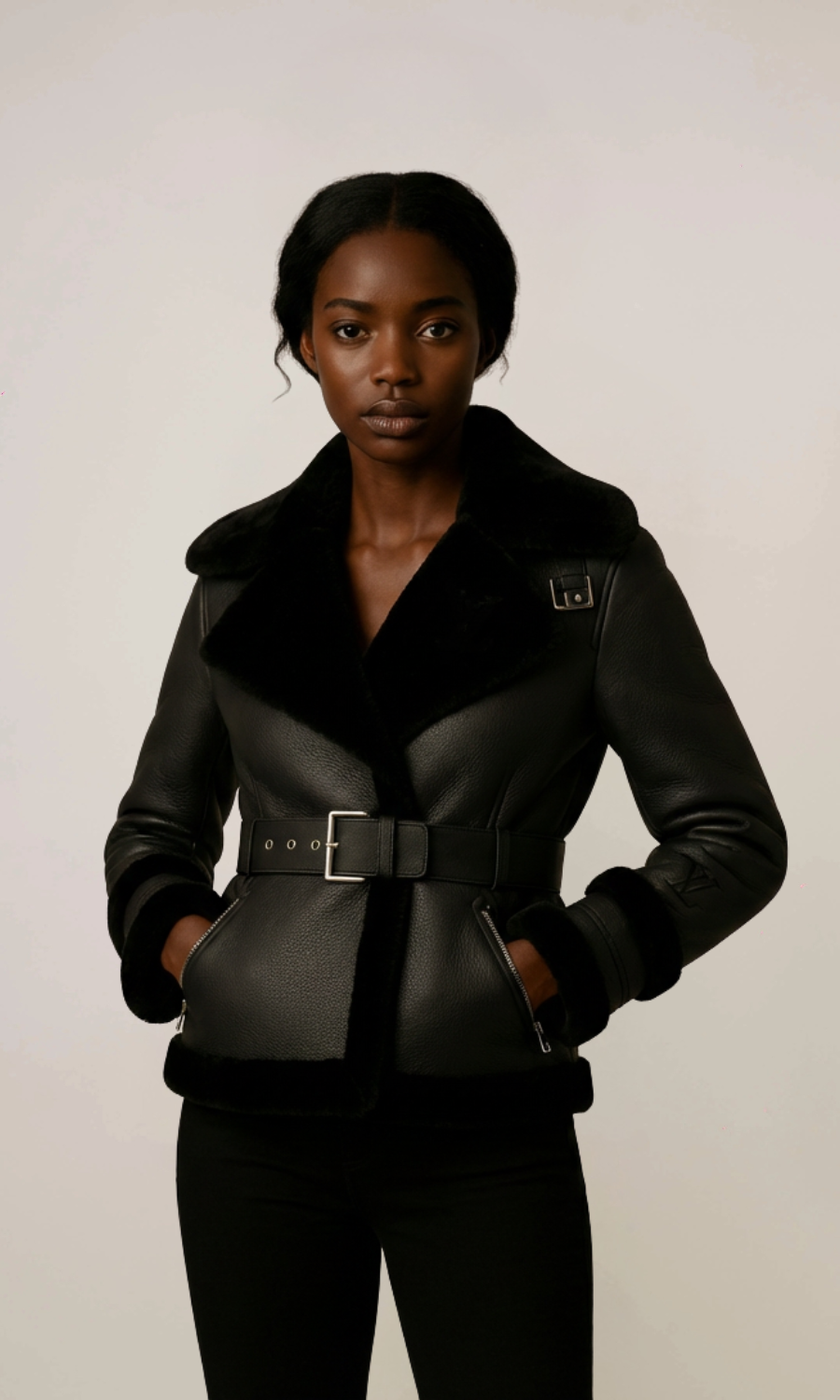 Women’s Black Belted Shearling Aviator Leather Jacket