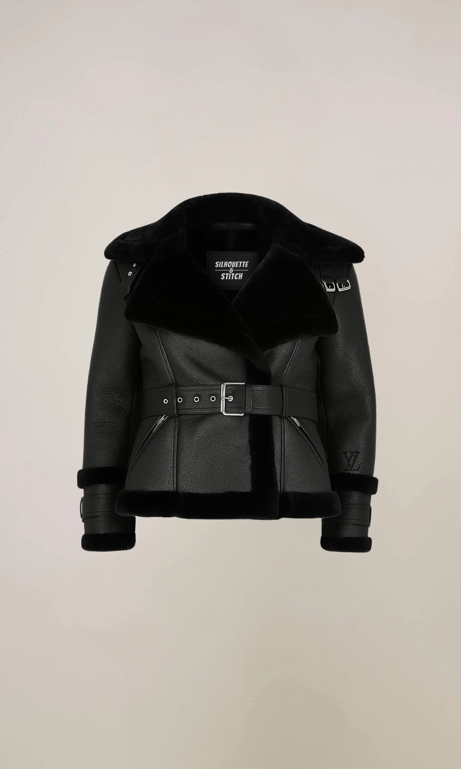 Women’s Black Belted Shearling Aviator Leather Jacket