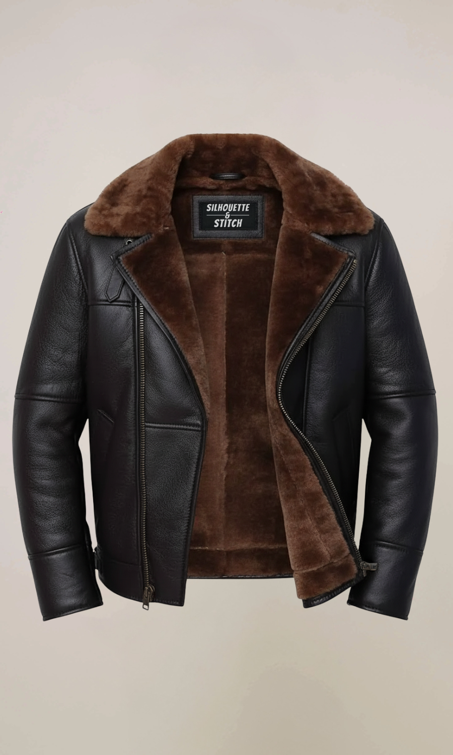Men’s Black Aviator Bomber Fur Shearling Sheepskin Leather Jacket