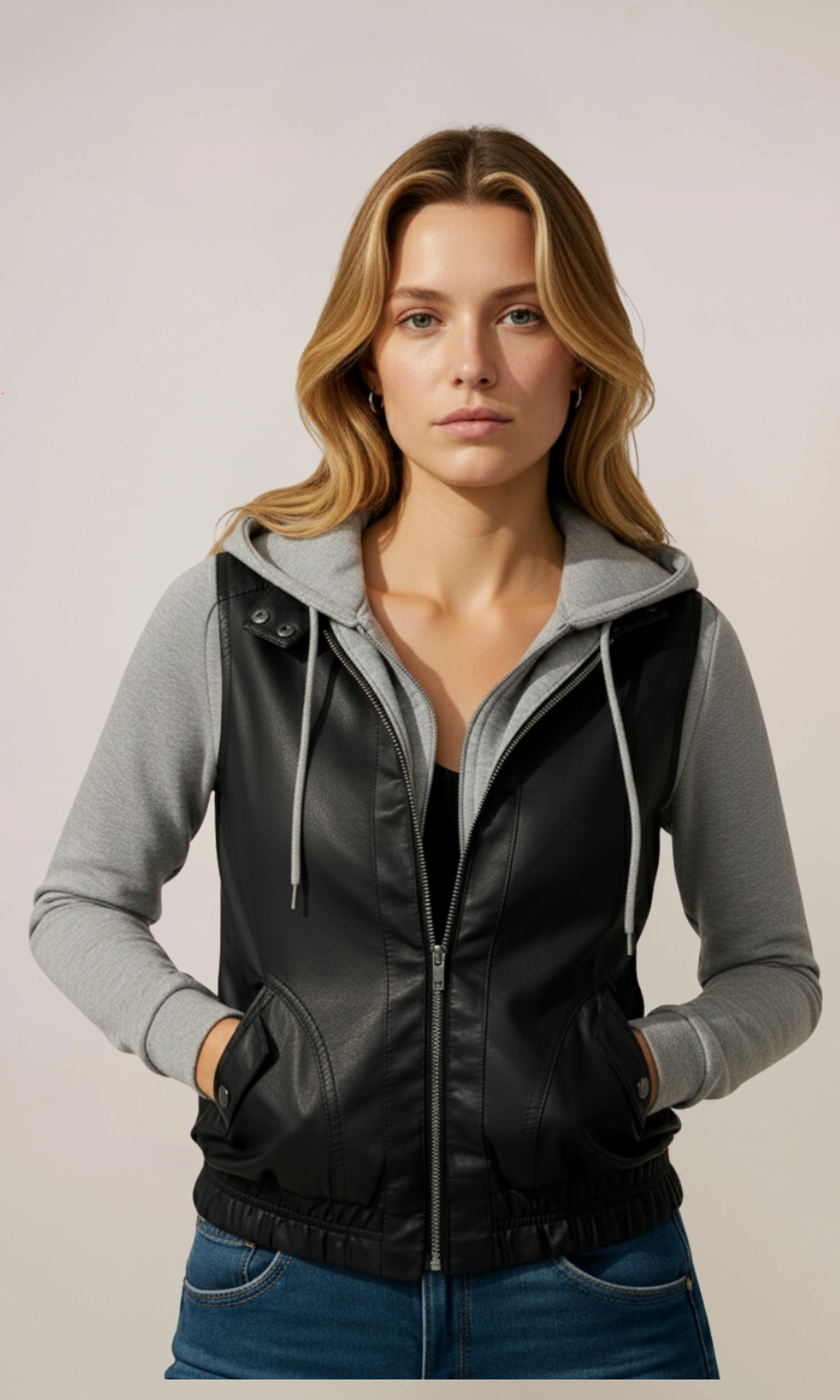 Women's Black & Grey Hooded leather Jacket