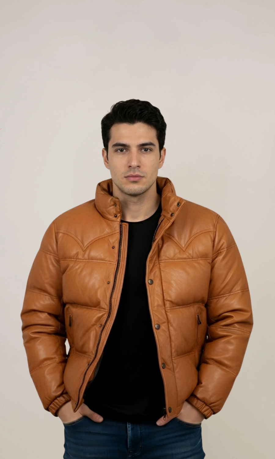 Men’s Leather Puffer Bomber Jacket