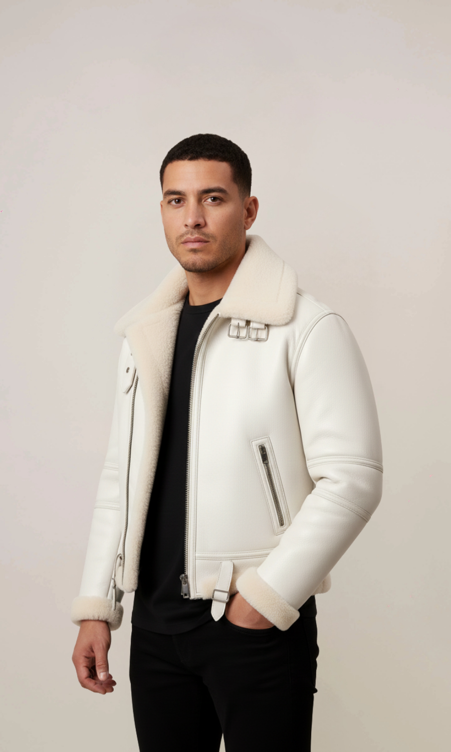 Men’s White B3 Bomber Sheepskin Fur Aviator Leather Jacket