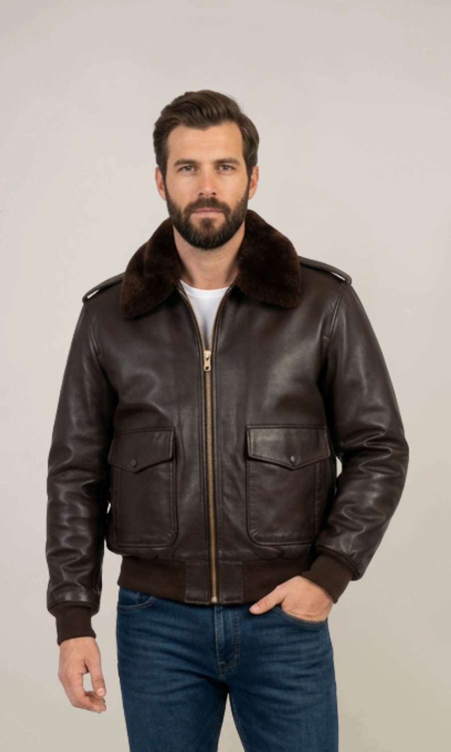 G1 Navy Bomber Leather Fur Jacket