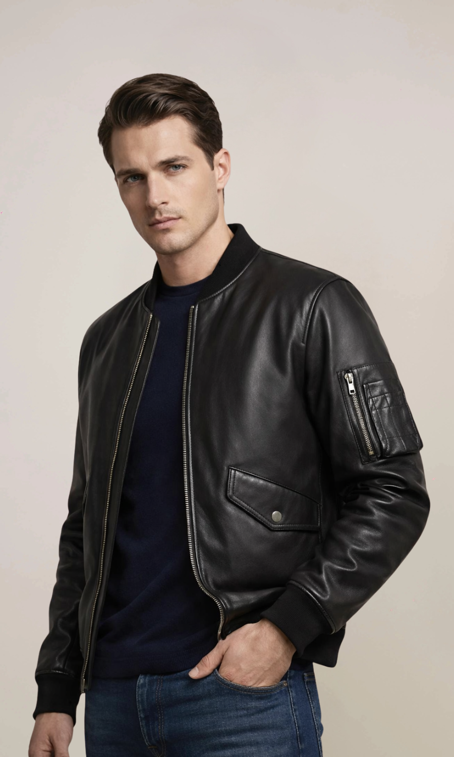 Men’s Black MA-1 Bomber Leather Jacket
