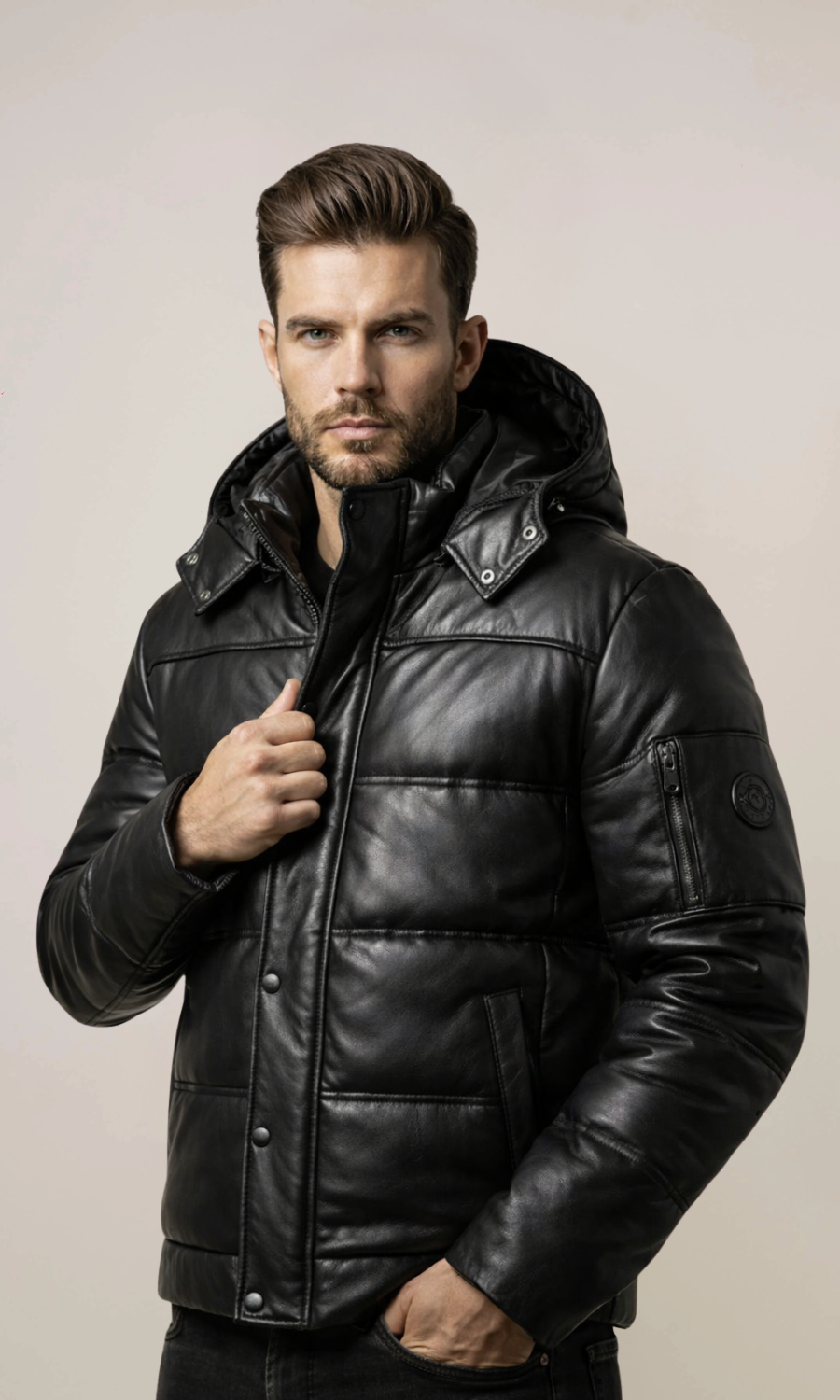 Men's Lambskin Hooded Puffer Leather Jacket