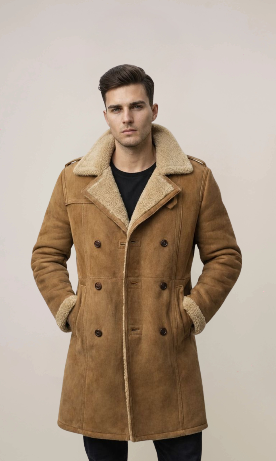 Men's Brown Shearling Sheepskin Leather Pea Coat