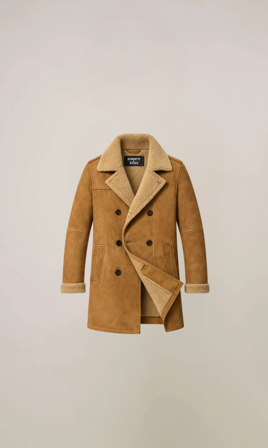 Men's Brown Shearling Sheepskin Leather Pea Coat