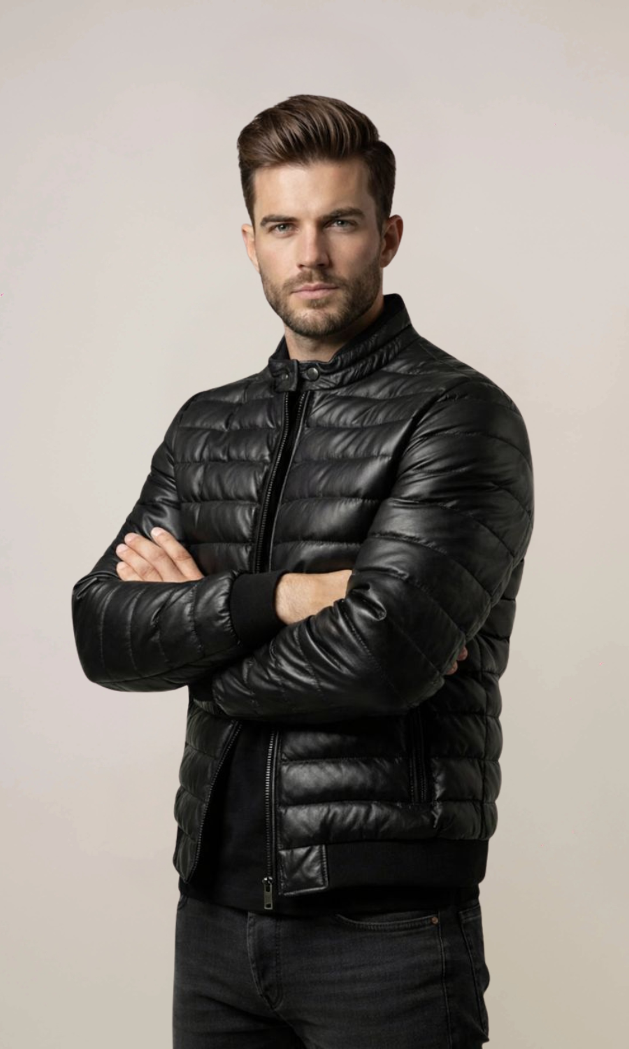Men’s lambskin Black Puffer Bomber Leather Jacket