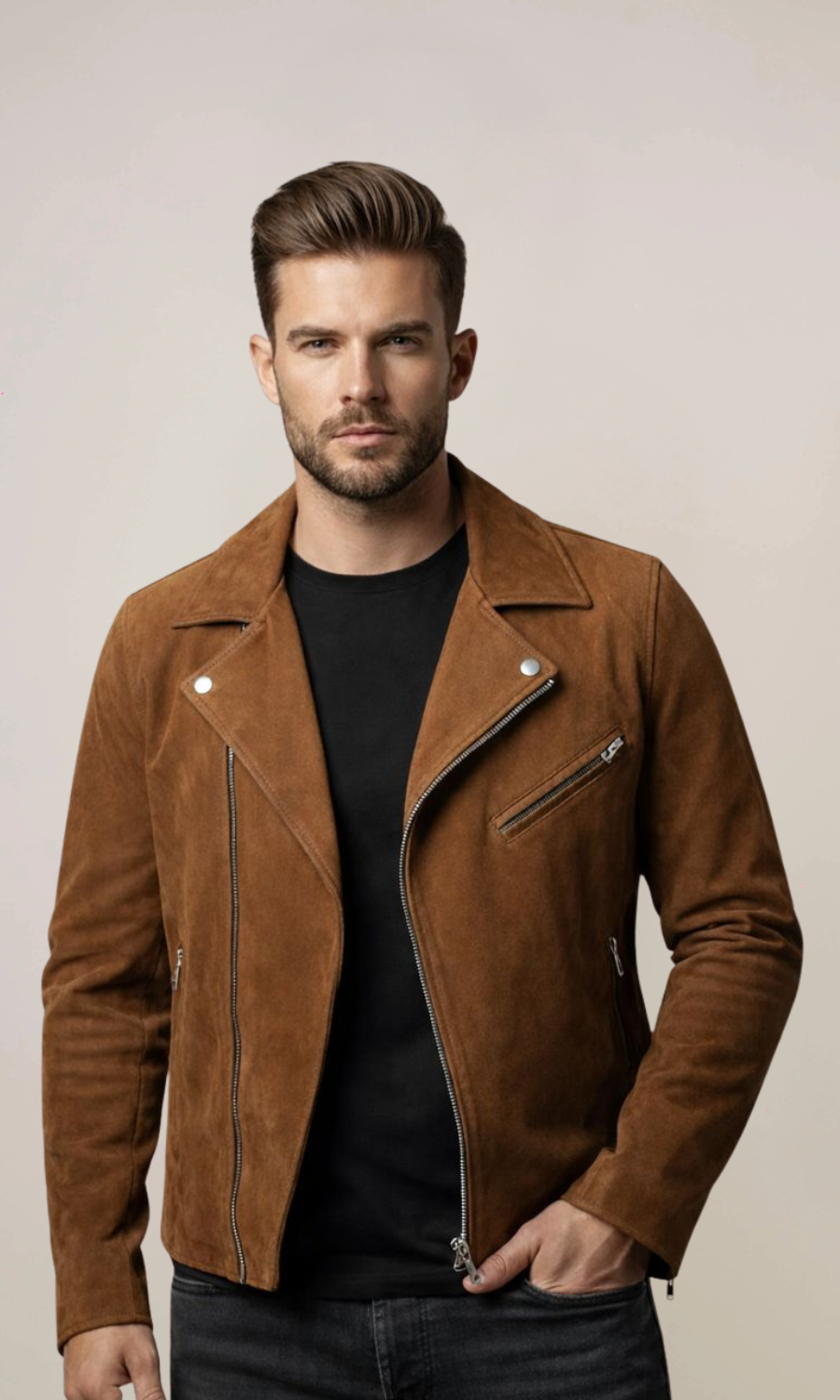Men’s Brown Double Rider Suede Leather Jacket